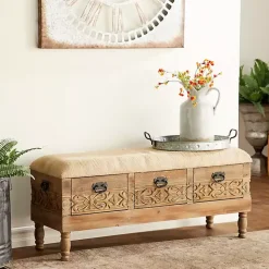 Kirklands Home Beige Upholstered Acanthus Carved Wooden Bench Tan Discount