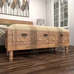 Kirklands Home Beige Upholstered Acanthus Carved Wooden Bench Tan Discount