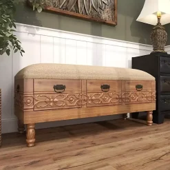 Kirklands Home Beige Upholstered Acanthus Carved Wooden Bench Tan Discount