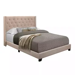 Kirklands Home Beige Upholstered Button Tufted Wing Queen Bed Tan Outlet