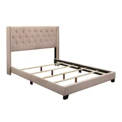 Kirklands Home Beige Upholstered Button Tufted Wing Queen Bed Tan Outlet