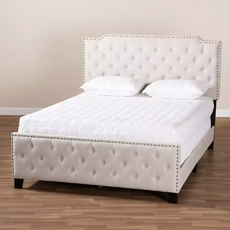 Kirklands Home Beige Upholstered Button Tufted King Panel Bed Ivory Online
