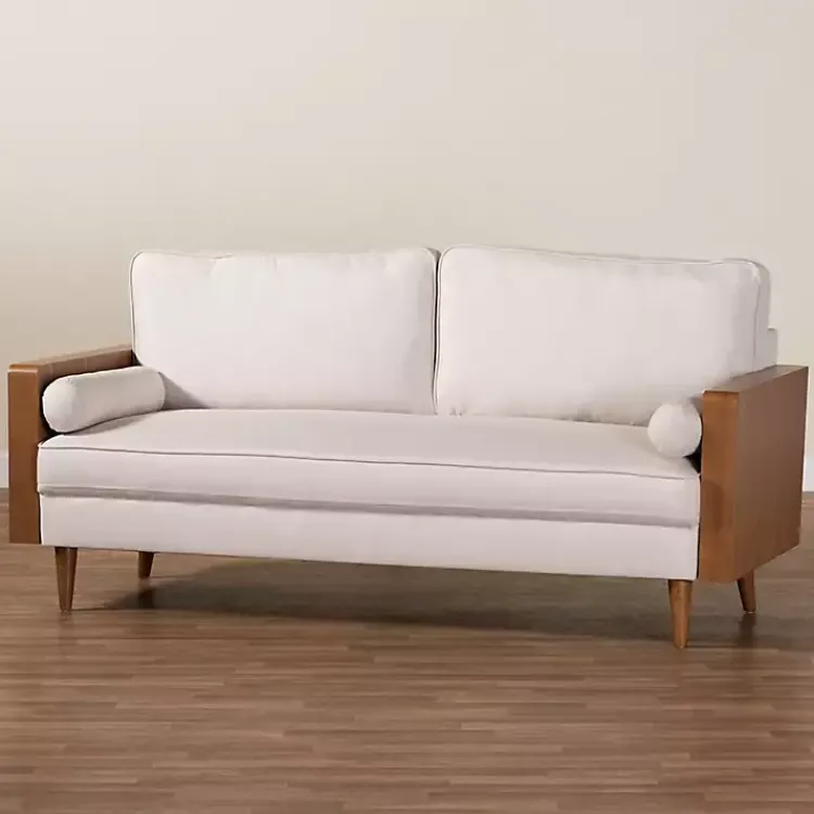 Kirklands Home Beige Upholstered Harley Walnut Sofa Tan Hot