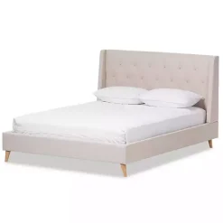 Kirklands Home Beige Upholstered Wingback Queen Platform Bed Ivory
