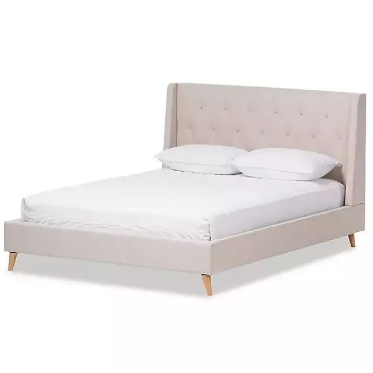 Kirklands Home Beige Upholstered Wingback Queen Platform Bed Ivory