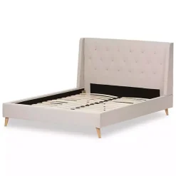 Kirklands Home Beige Upholstered Wingback Queen Platform Bed Ivory