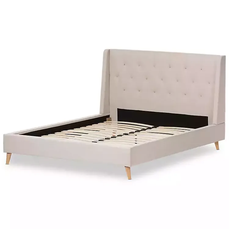 Kirklands Home Beige Upholstered Wingback Queen Platform Bed Ivory