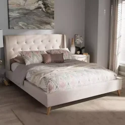 Kirklands Home Beige Upholstered Wingback Queen Platform Bed Ivory