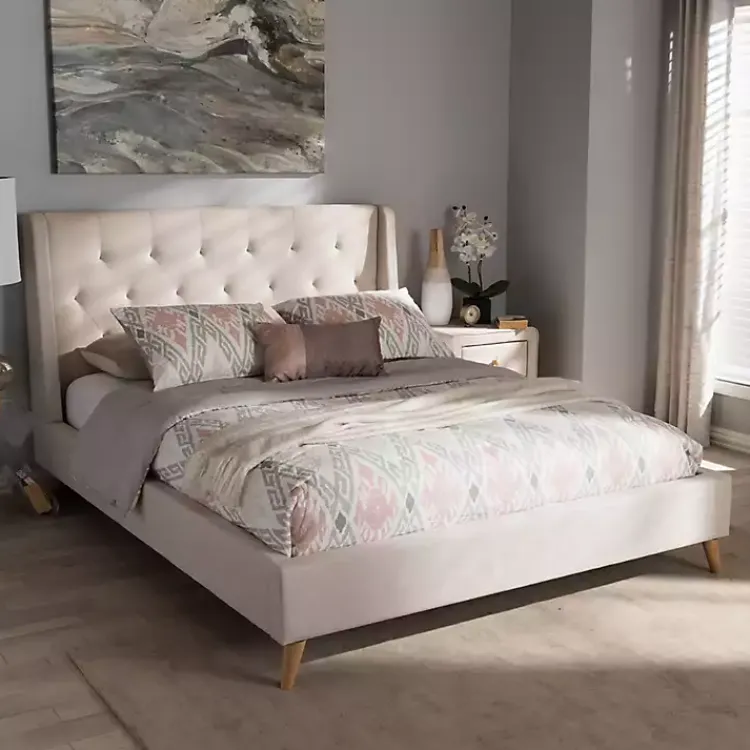 Kirklands Home Beige Upholstered Wingback Queen Platform Bed Ivory