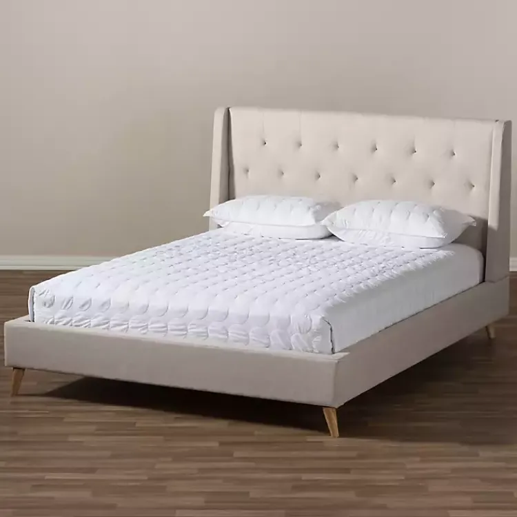 Kirklands Home Beige Upholstered Wingback Queen Platform Bed Ivory