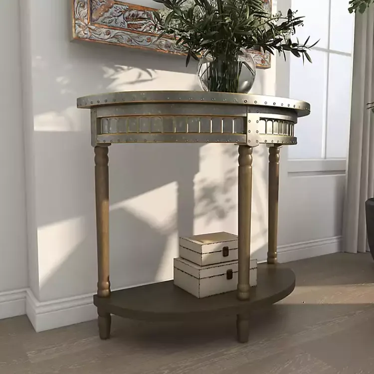 Kirklands Home Beige Wood and Metal Half Moon Console Table Tan Outlet