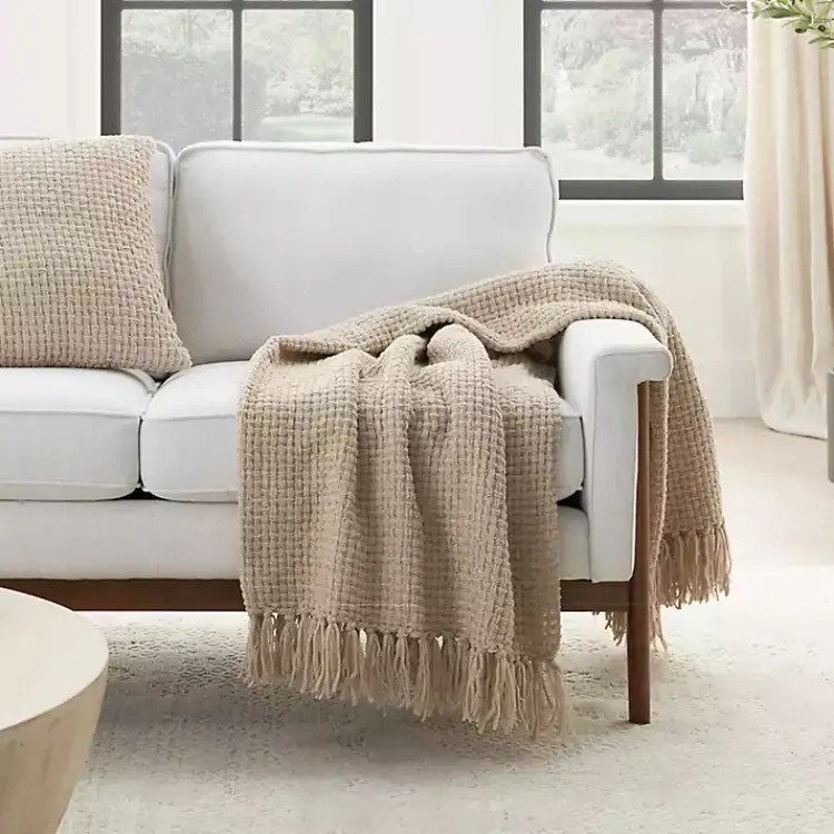 Blankets & Throws>Kirklands Home Beige Woven Waffle Knit Chenille Throw Tan
