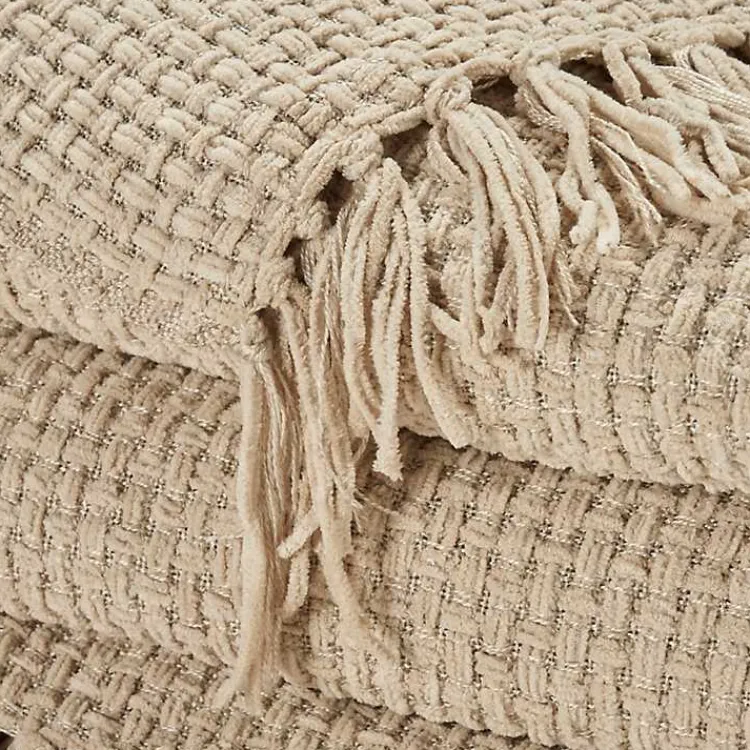 Blankets & Throws>Kirklands Home Beige Woven Waffle Knit Chenille Throw Tan