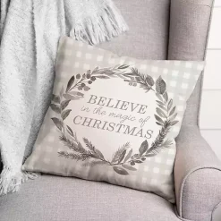 Christmas Pillows>Kirklands Home Believe in the Magic of Christmas Plaid Pillow Ivory