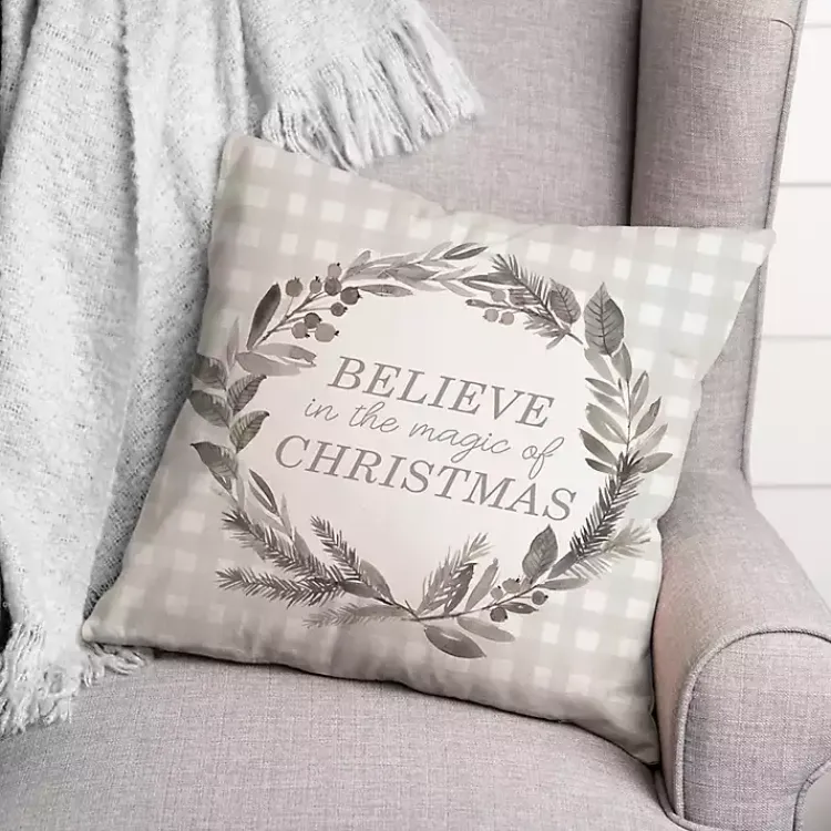 Christmas Pillows>Kirklands Home Believe in the Magic of Christmas Plaid Pillow Ivory