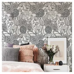 Kirklands Home & White Floral Garden Peel & Stick Wallpaper Black Best