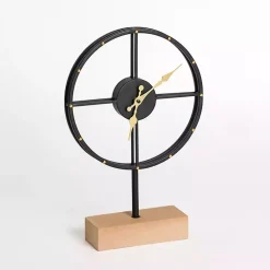 Decorative Accents>Kirklands Home Black and Gold Metal Clock with Wooden Base