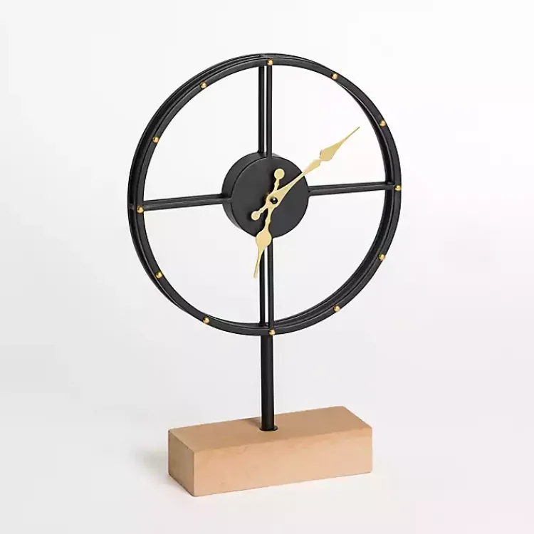 Decorative Accents>Kirklands Home Black and Gold Metal Clock with Wooden Base