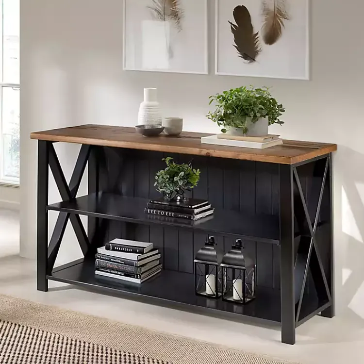 Kirklands Home Black and Rustic Oak Wood Farmhouse Console Table New