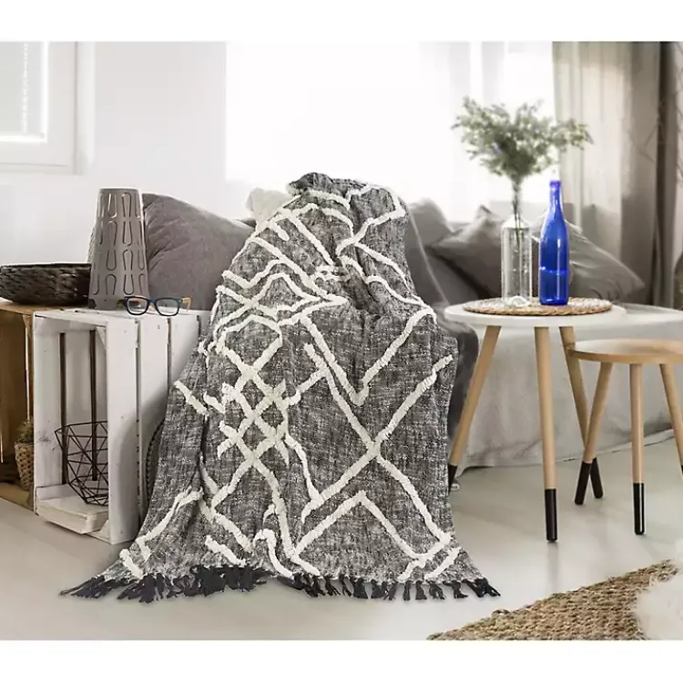 Blankets & Throws>Kirklands Home Black and White Cotton Geometric Tufted Throw