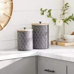 Decorative Bowls & Jars>Kirklands Home and White Embossed Diamond Jars, Set of 2 Black