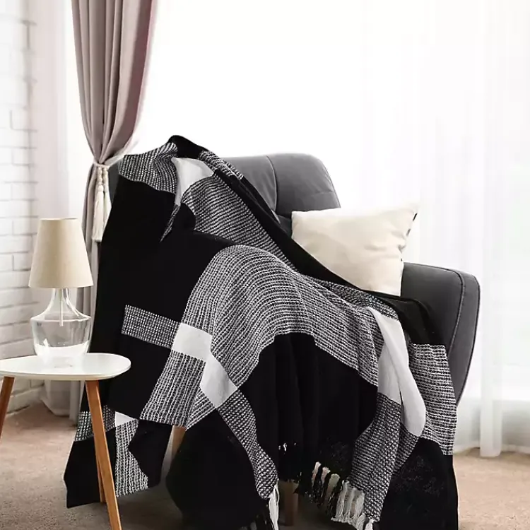 Blankets & Throws>Kirklands Home Black and White Plaid Organic Cotton Throw