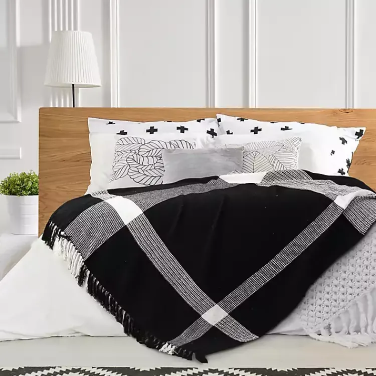 Blankets & Throws>Kirklands Home Black and White Plaid Organic Cotton Throw
