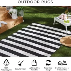 Kirklands Home Black and White Rugby Stripe Outdoor Area Rug, 5x8 Sale