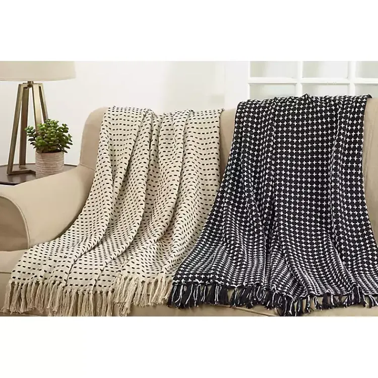 Blankets & Throws>Kirklands Home Black and White Stitched Cotton Throw