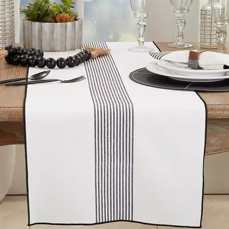 Kirklands Home Black and White Striped Table Runner New