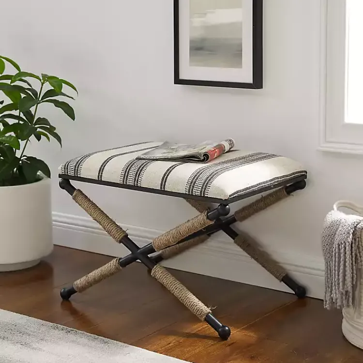 Kirklands Home Black and White Striped Upholstered Ottoman New