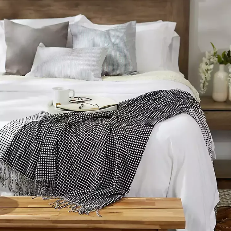 Blankets & Throws>Kirklands Home and White Waffle Knit Fringe Throw Black