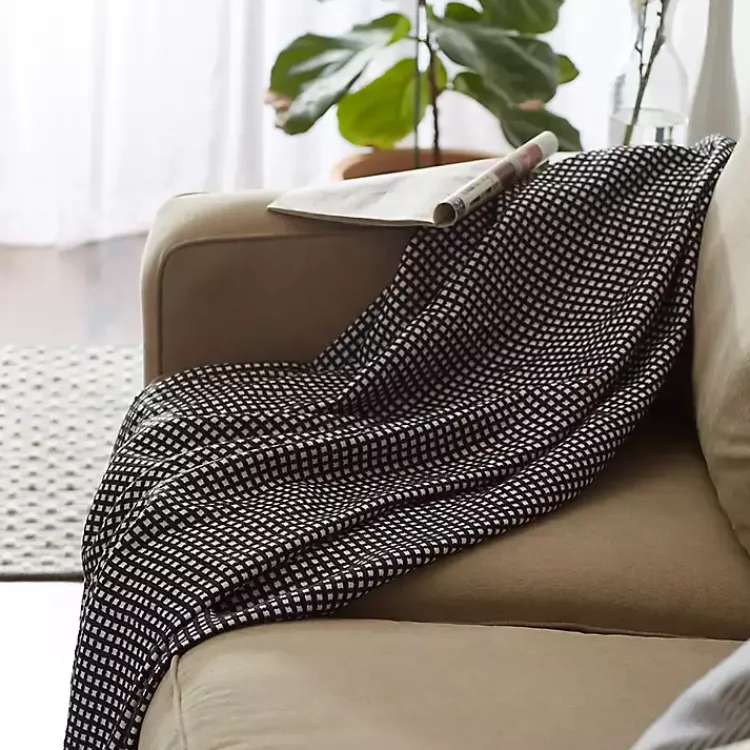 Blankets & Throws>Kirklands Home and White Waffle Knit Fringe Throw Black