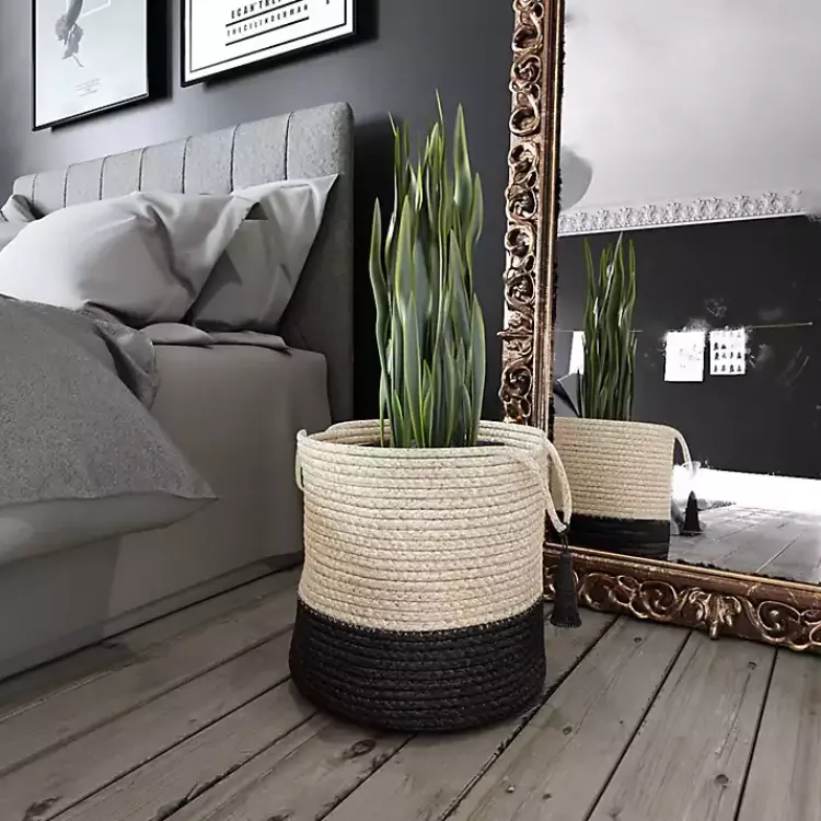 Baskets & Boxes>Kirklands Home Black and White Woven Basket with Tassel, 19 in.