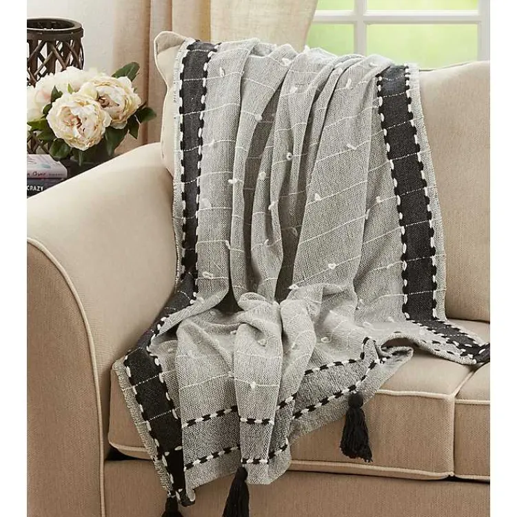 Blankets & Throws>Kirklands Home Black Banded Tassel Edge Throw