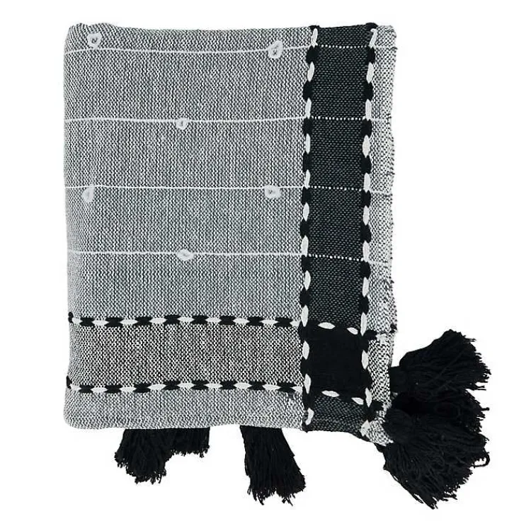 Blankets & Throws>Kirklands Home Black Banded Tassel Edge Throw