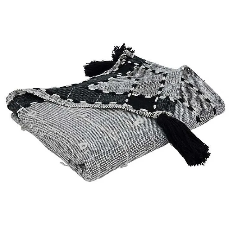 Blankets & Throws>Kirklands Home Black Banded Tassel Edge Throw