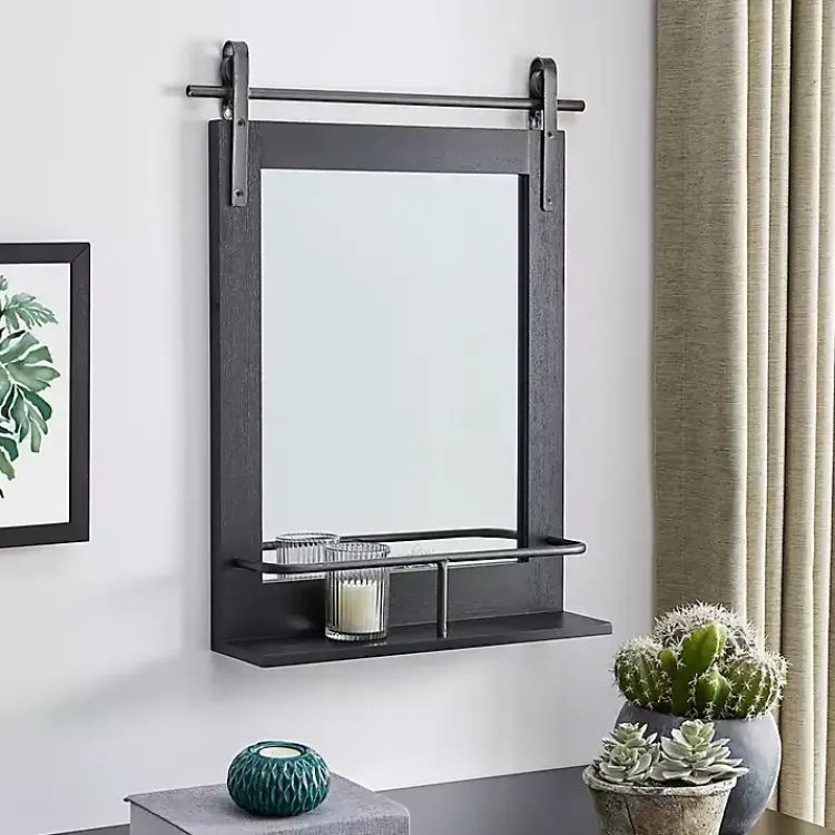 Kirklands Home Barn Door Wall Mirror with Shelf Black