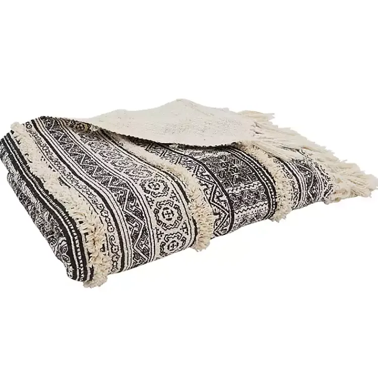 Blankets & Throws>Kirklands Home Black Beige Block Print Throw Blanket