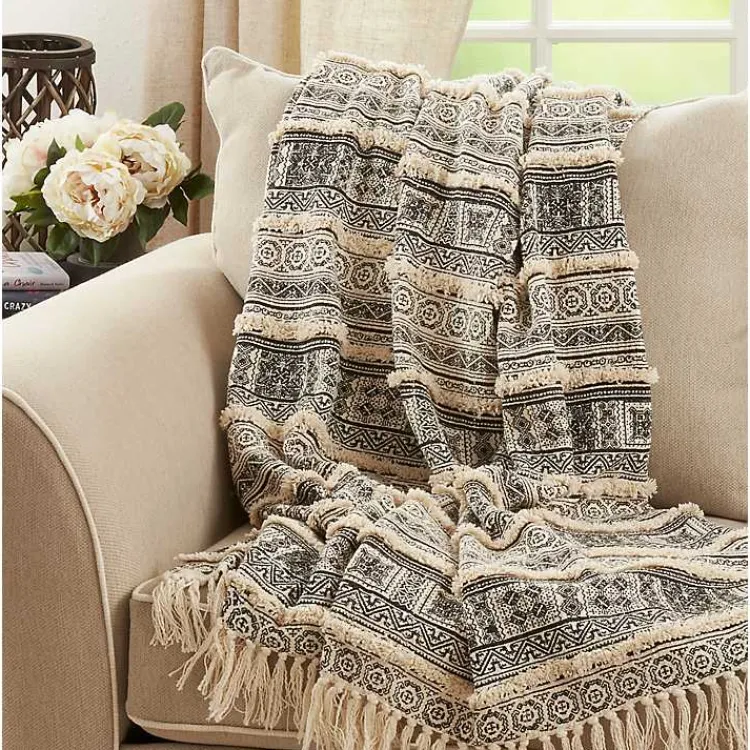 Blankets & Throws>Kirklands Home Black Beige Block Print Throw Blanket