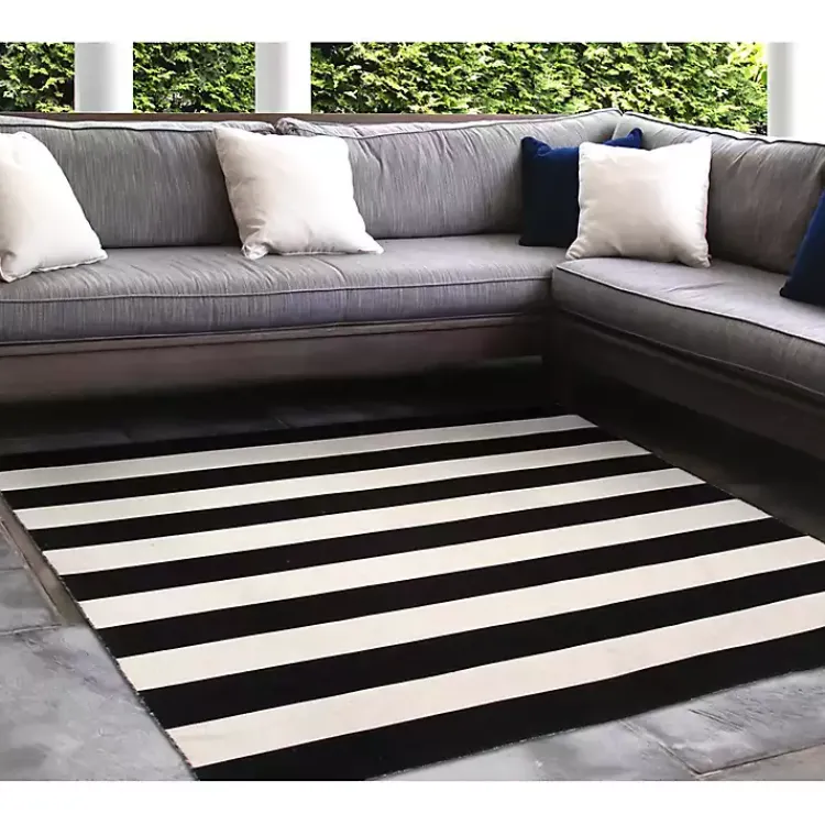 Kirklands Home Black Cabana Stripe Indoor/Outdoor Area Rug, 8x8 New