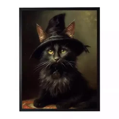Halloween>Kirklands Home Cat in Hat Framed Halloween Wall Plaque Black