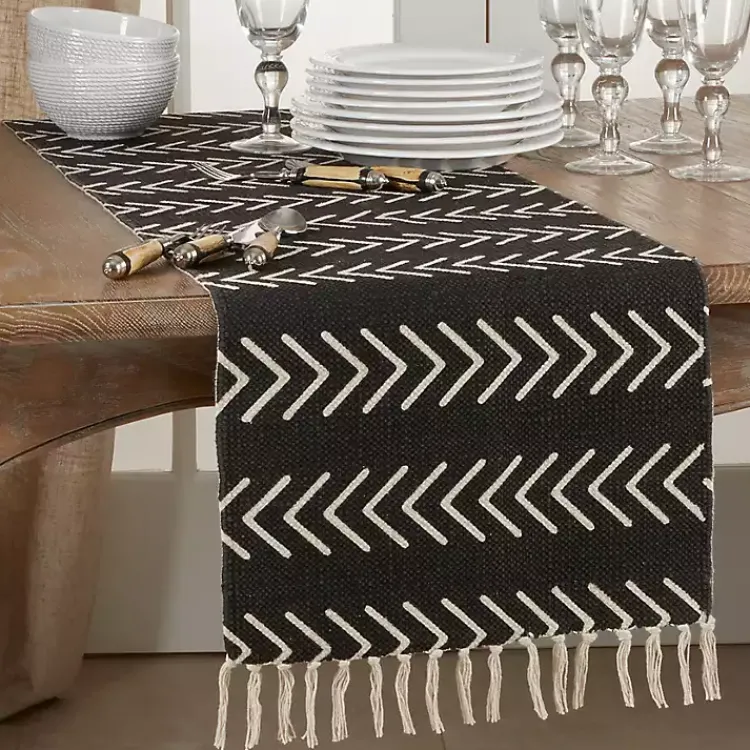 Kirklands Home Chevron Table Runner with Fringe Black New