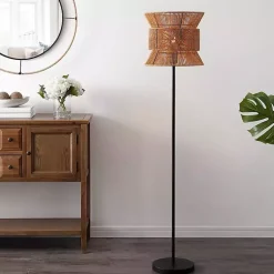 Kirklands Home Black Floor Lamp with Natural Woven Shade Brown Clearance