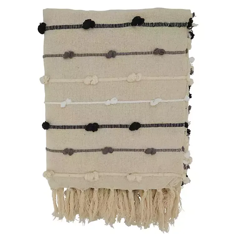 Blankets & Throws>Kirklands Home Black Gray Dot Striped Throw Blanket Ivory