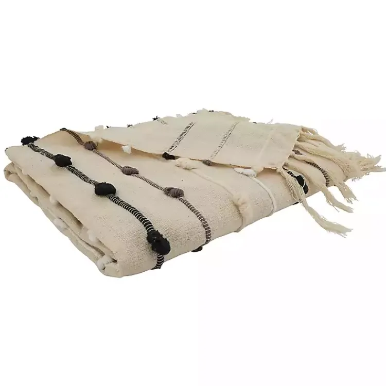 Blankets & Throws>Kirklands Home Black Gray Dot Striped Throw Blanket Ivory