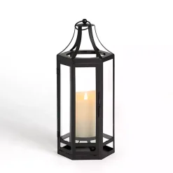 Lanterns>Kirklands Home Black Hexagon Iron and Glass Lantern, 15 in. Blue
