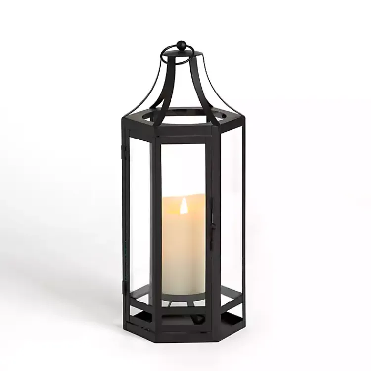 Lanterns>Kirklands Home Black Hexagon Iron and Glass Lantern, 15 in. Blue