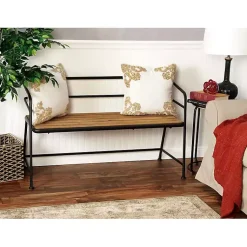 Kirklands Home Black Iron and Wooden Seat Industrial Bench New