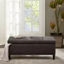 Kirklands Home Linen Button Tufted Storage Bench Black New